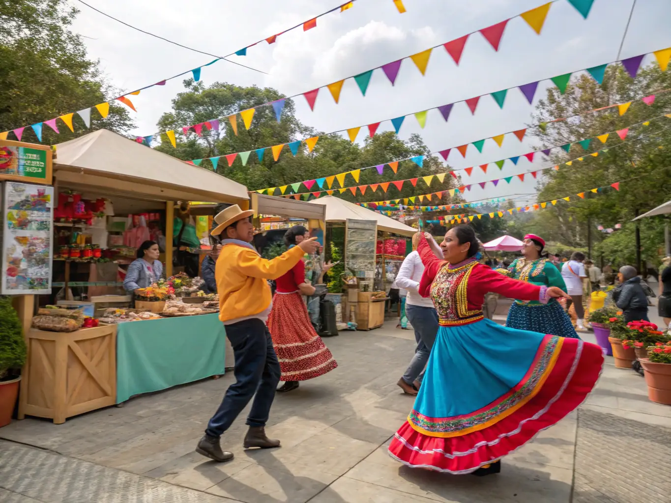 An image depicting a lively scene from a village cultural festival organized by Les Valadins, featuring traditional music, dance, and local food stalls.