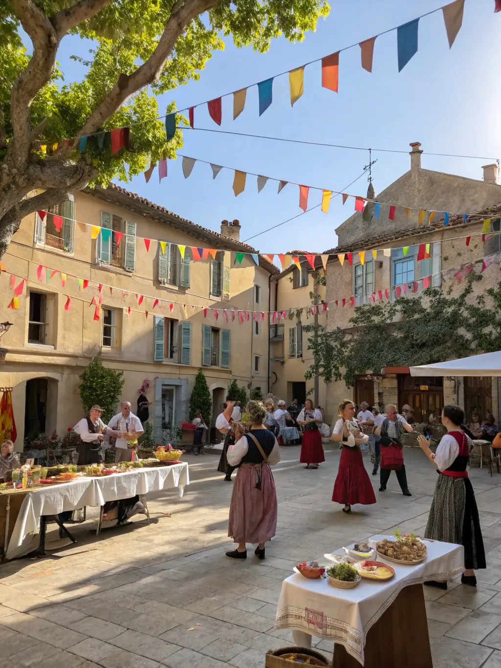 A photo of a lively village animation event organized by Les Valadins, featuring music, dance, and local food.