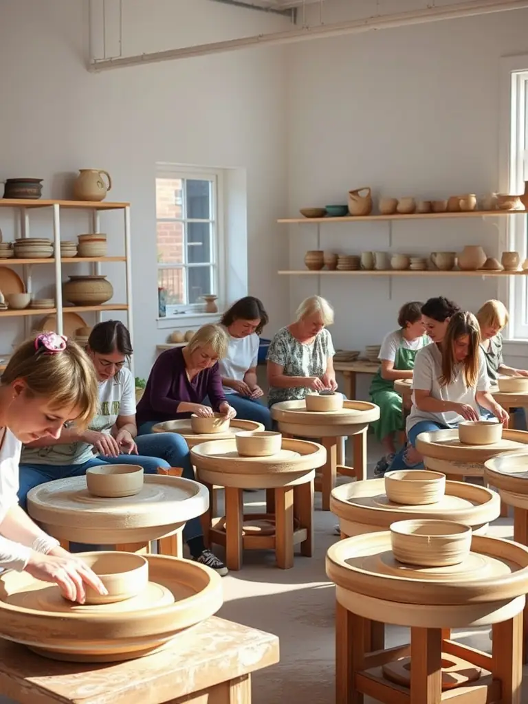 A group of Valadins members participating in a pottery class, showcasing the creative leisure activities offered by the organization.