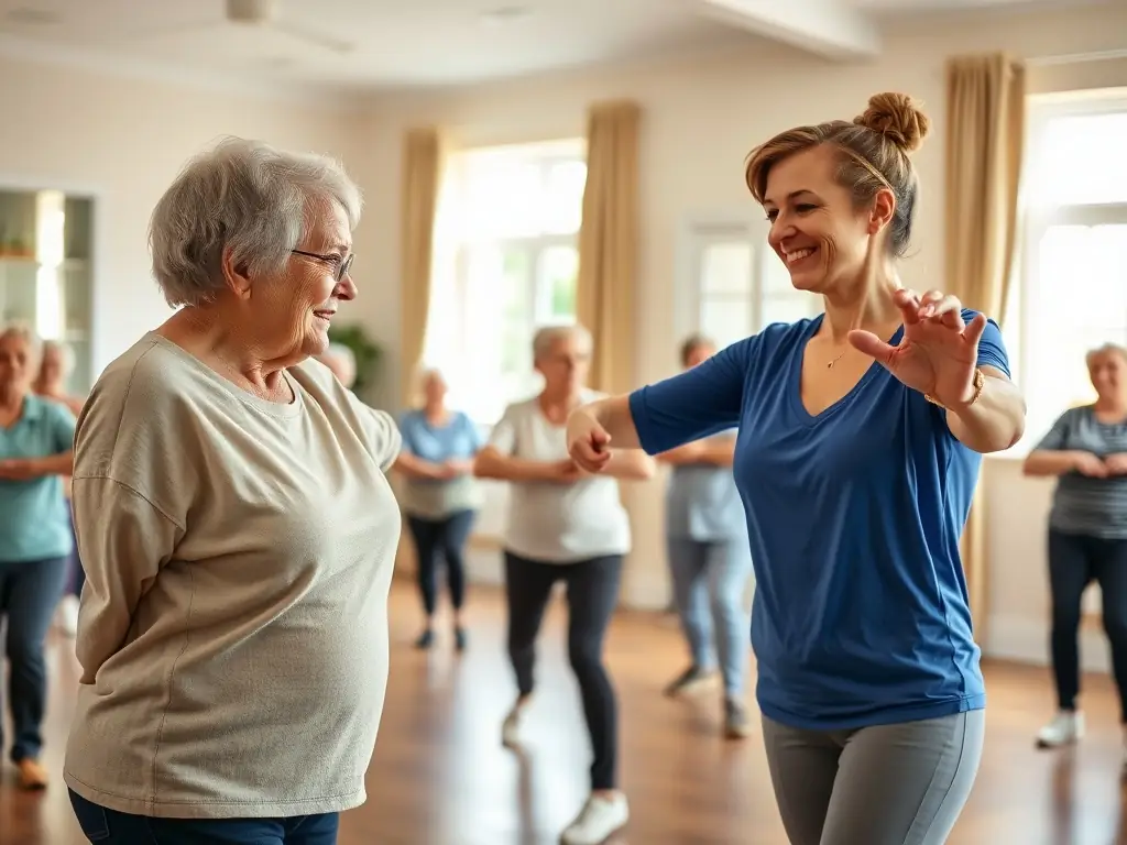 A photograph showing a group of seniors participating in a gentle exercise class at Les Valadins, emphasizing the organization's commitment to health and well-being.