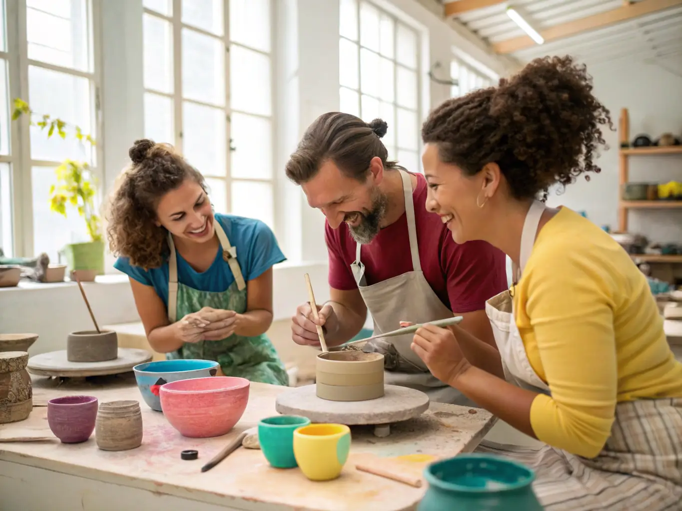 A photograph capturing a group of diverse community members joyfully participating in a pottery workshop at Les Valadins, showcasing the creative and social atmosphere.